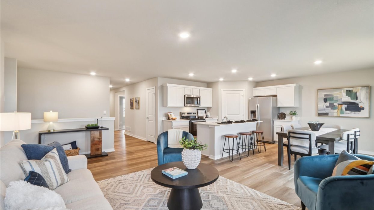 Open concept living room with electric fireplace