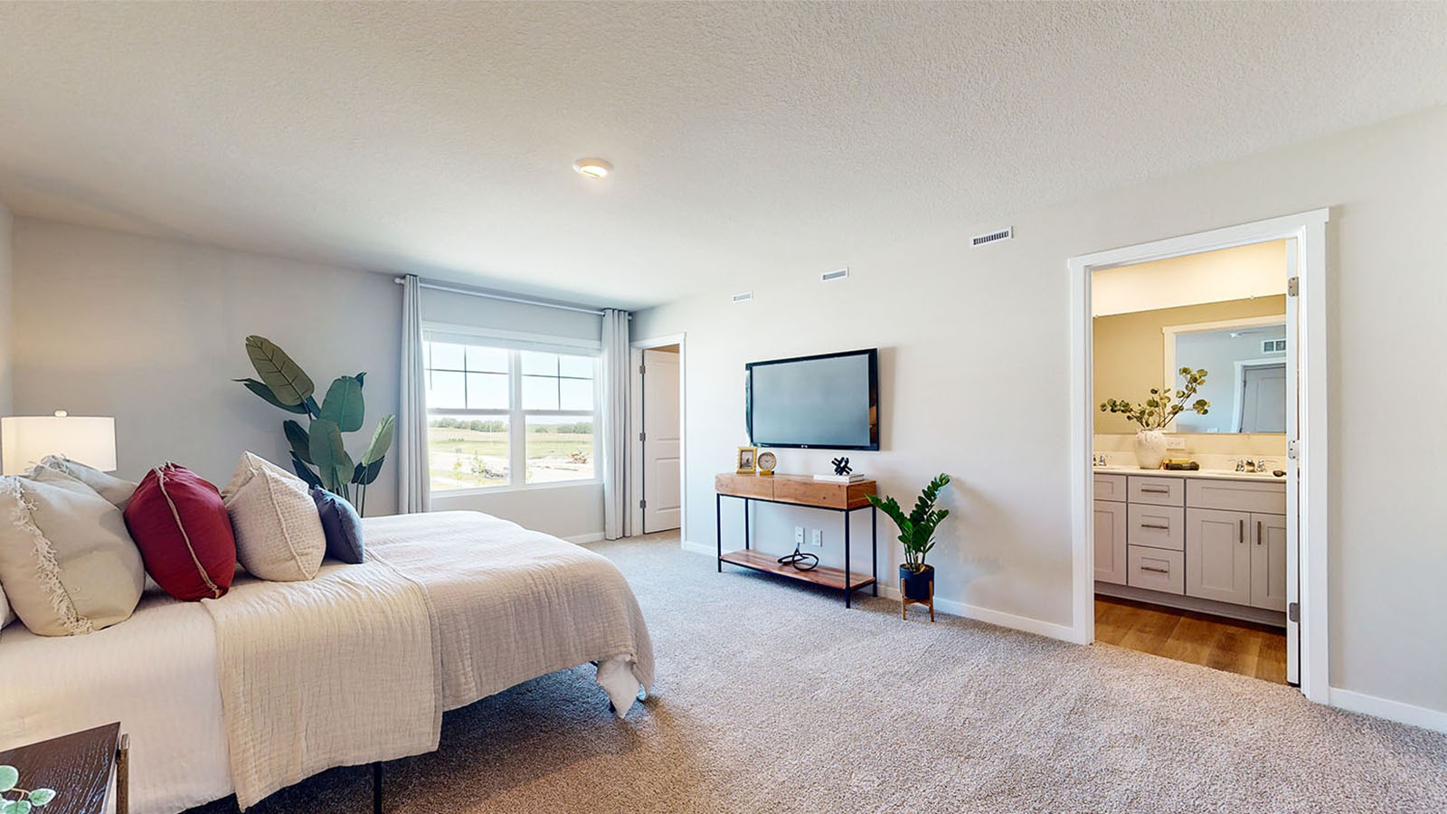 bedroom with beige carpet, white walls and a window