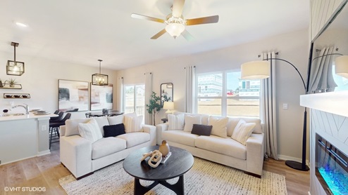 Open living room overlooking the dining area