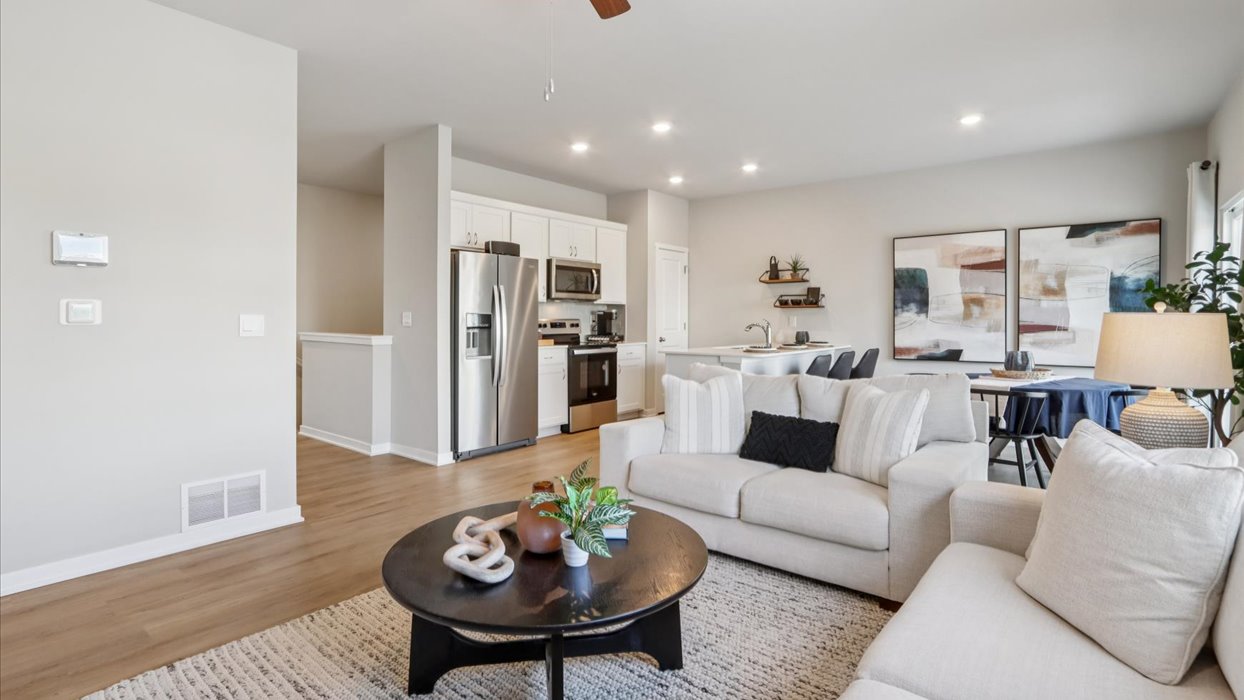 living room overlooking kitchen and dining area