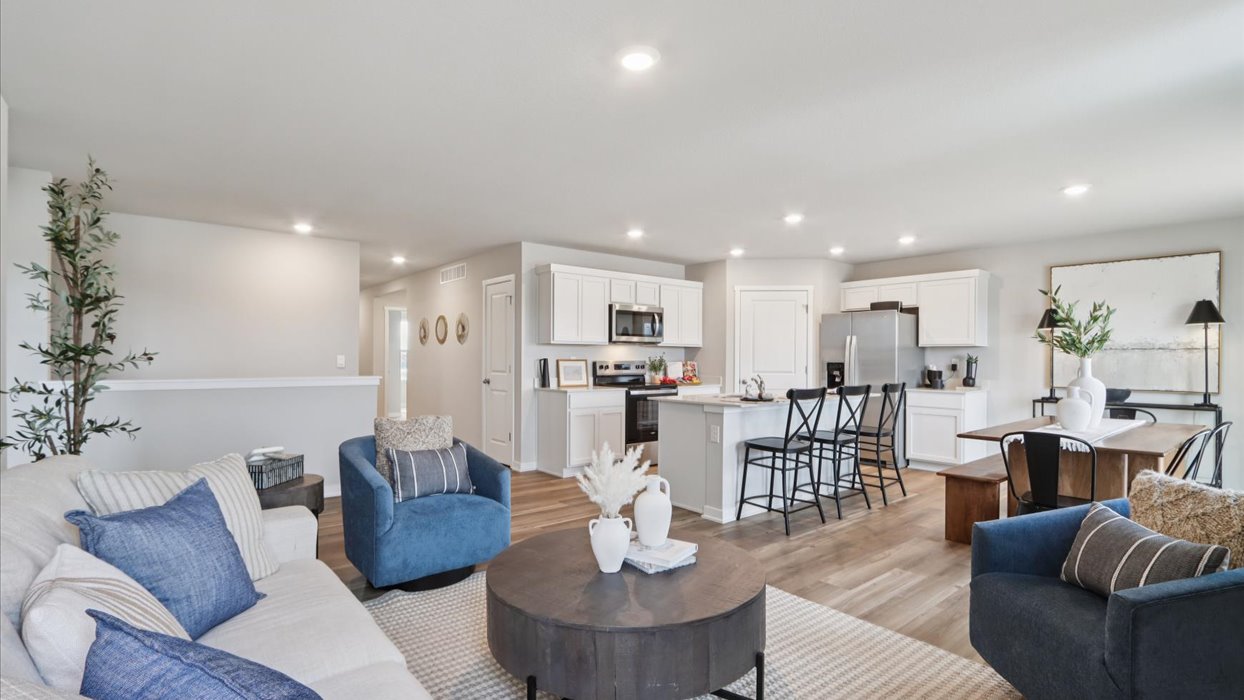 open concept hamilton floor plan with living room overlooking kitchen