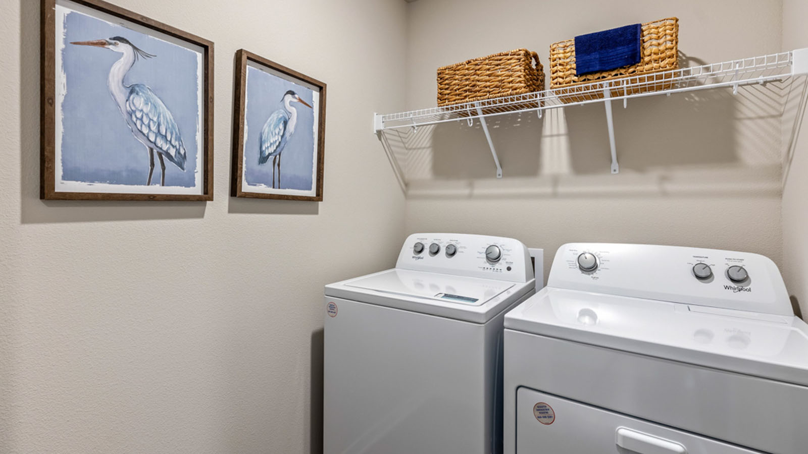 Dedicated laundry room with built-in shelving and utility connections.