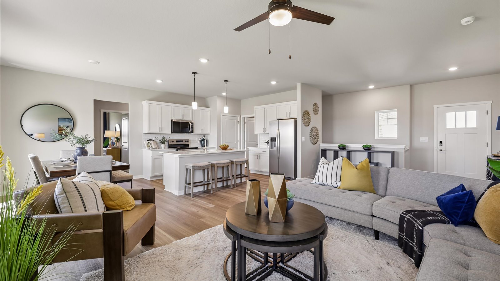 Open concept living room with electric fireplace