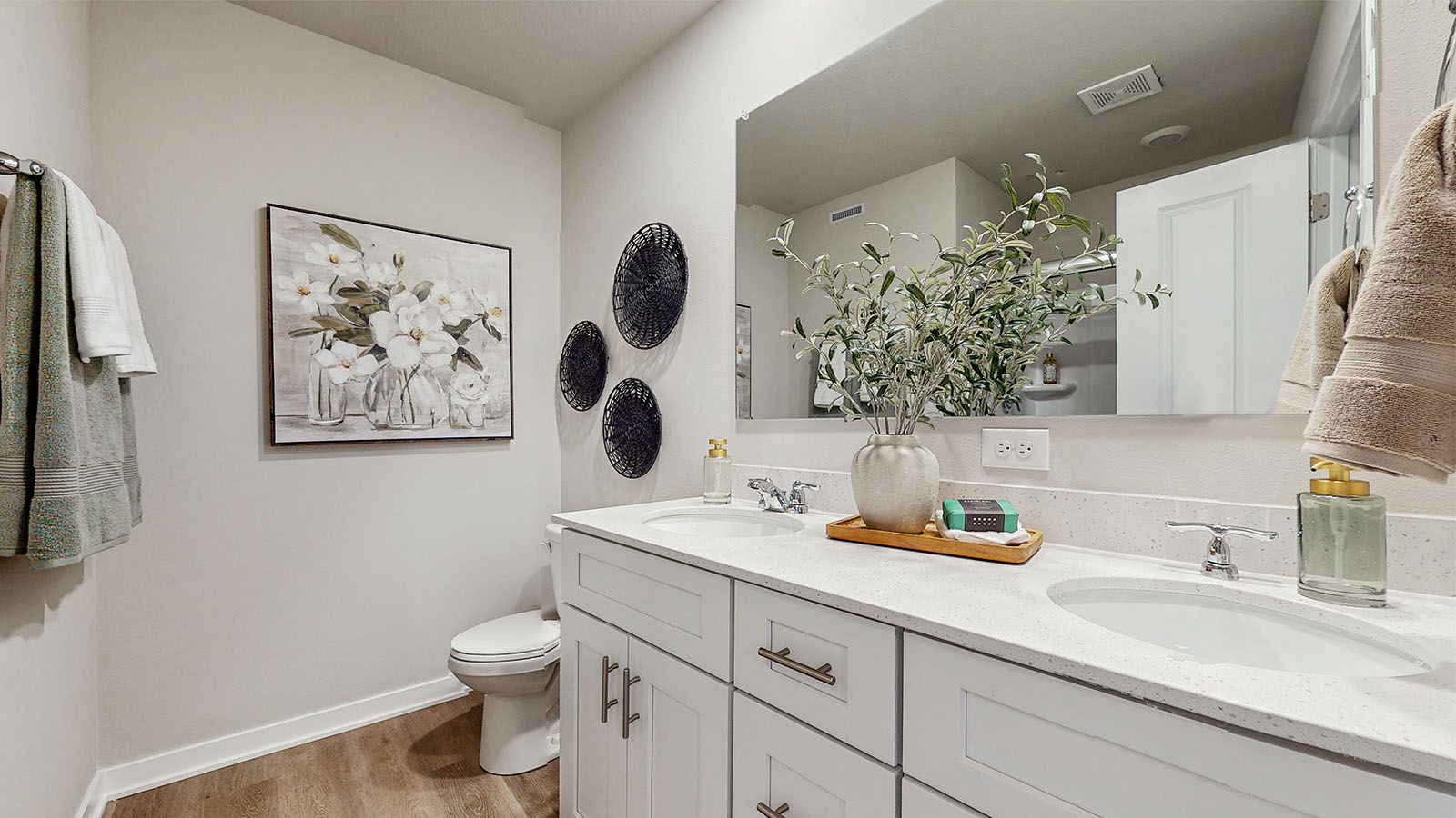 Spacious primary bathroom featuring dual vanities, modern fixtures, and a walk-in shower.