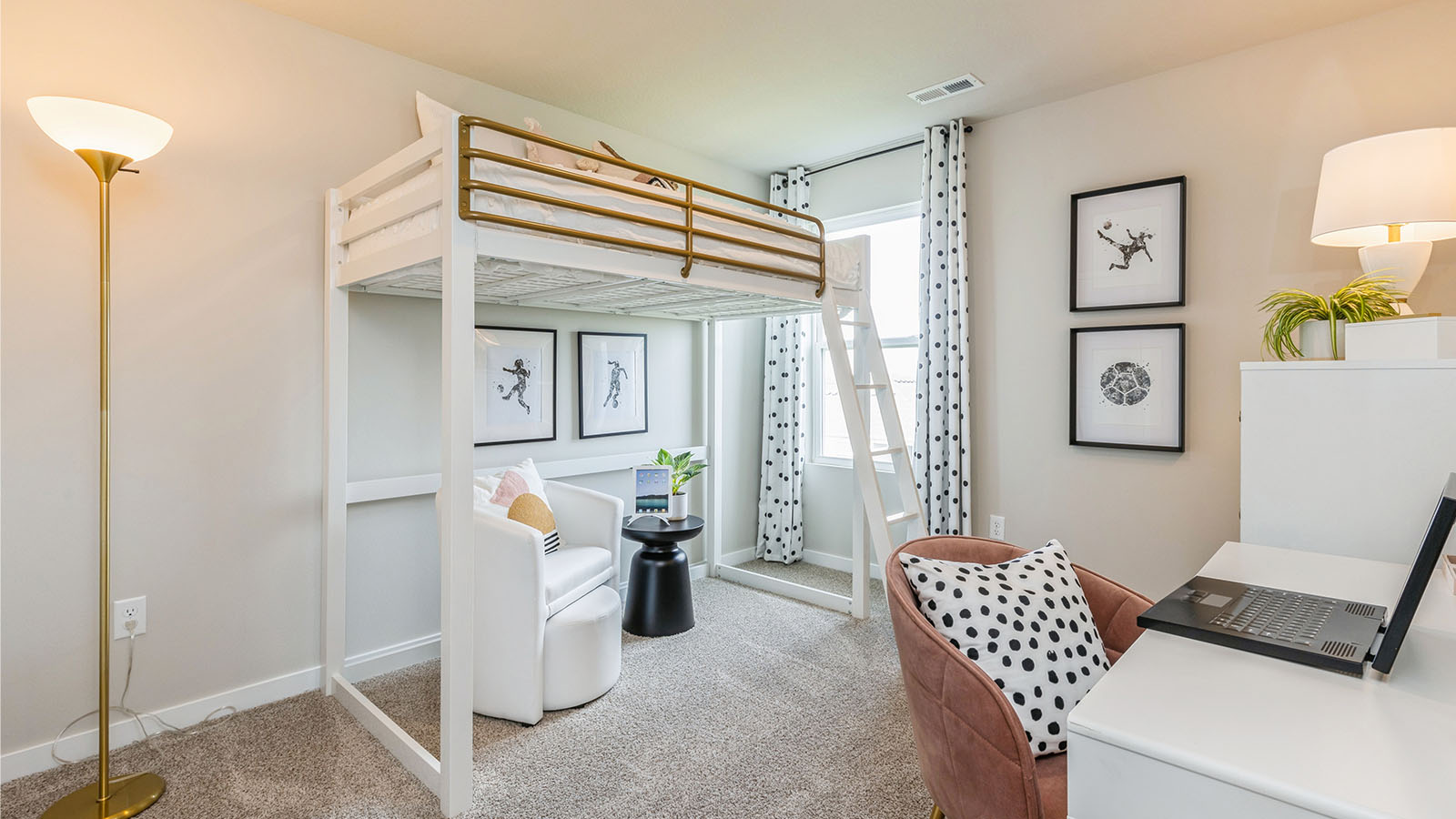 Third bedroom with bunk bed and white desk