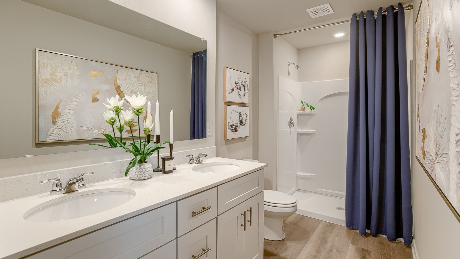 primary bathroom of sydney with walk-in shower and double sink vanity