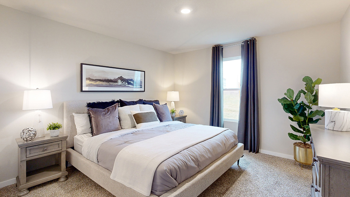 Primary bedroom with king bed and two nightstands and dressers