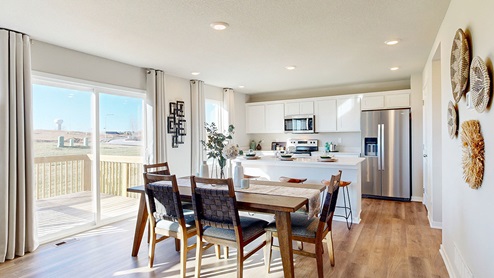 Overview of dining area and kitchen