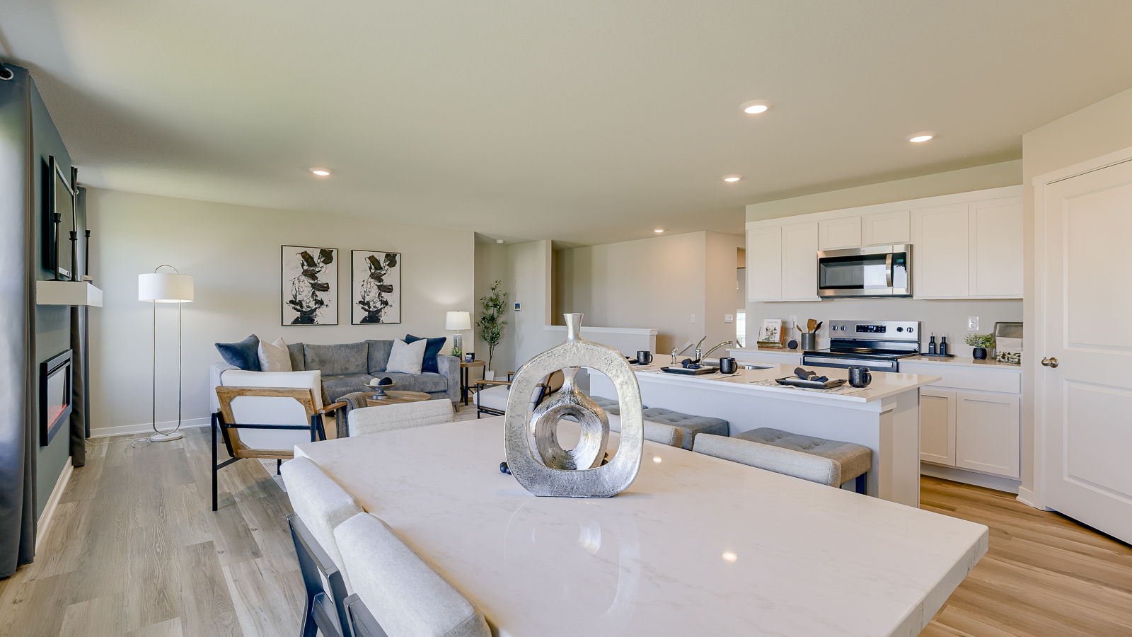 Overview of Hamilton living room and kitchen from dining room