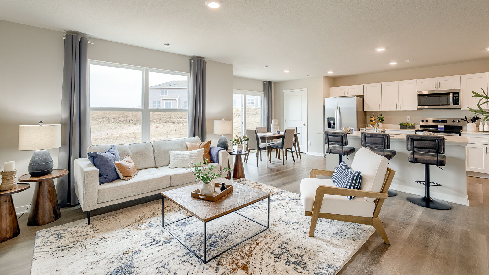 View of the main living, kitcehn, and dining space in the sydney townhome
