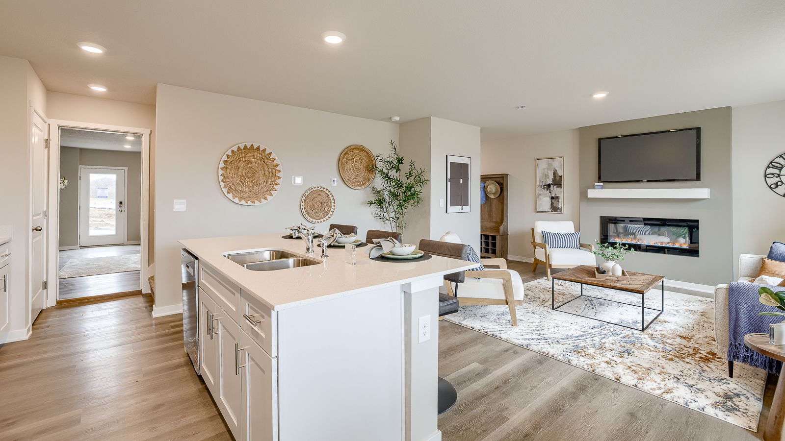 Overview of kitchen island and living room from dining room in Sydney