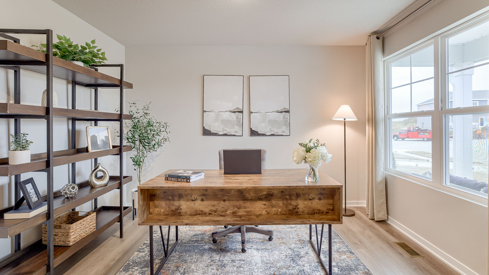 Front office with desk shelves and chairs