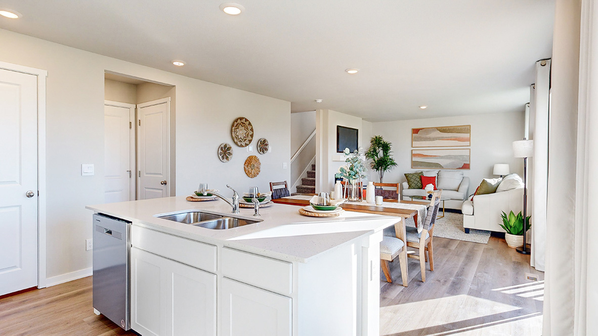 Kitchen island overlooking the dining area and living room