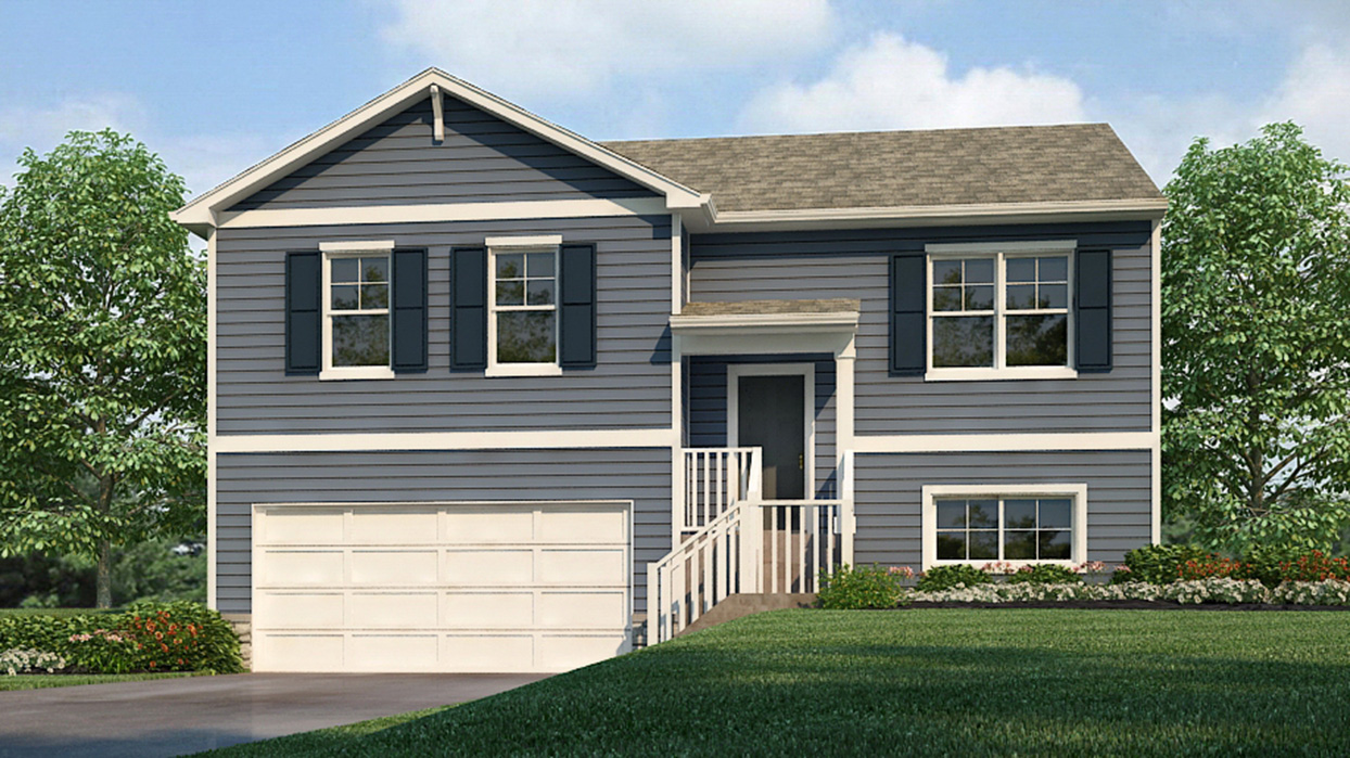 Exterior of the Freemont with blue siding, stone and two car garage