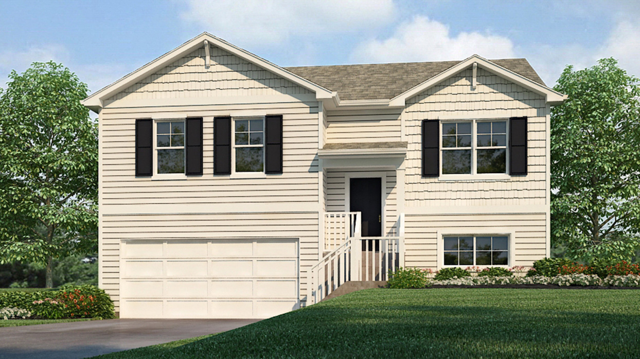 Exterior of the Freemont with white siding, stone and two car garage