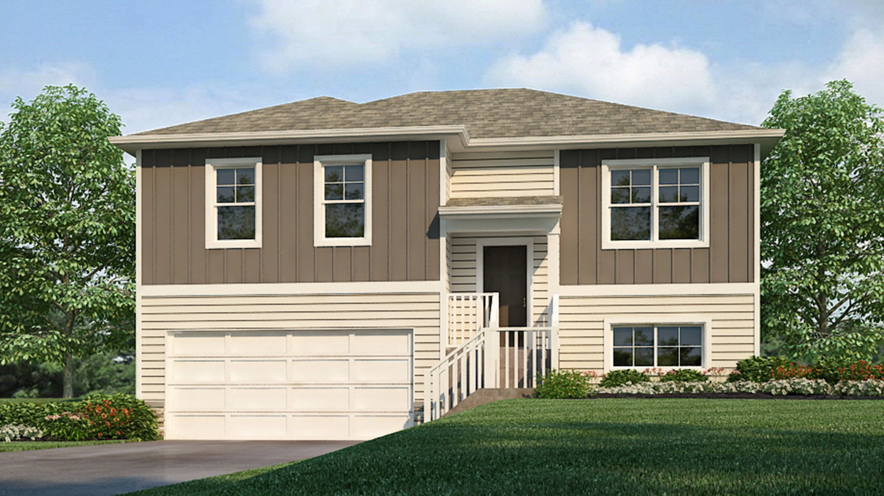 Exterior of the Freemont with white and brown siding, stone and two car garage