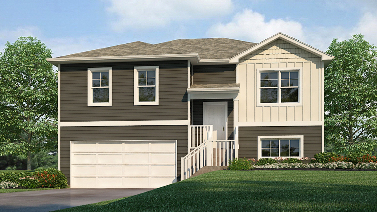 Exterior of the Freemont with white and dark grey siding, stone and two car garage