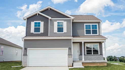 Exterior photo of the Bellhaven with grey siding, stone and a covered front porch