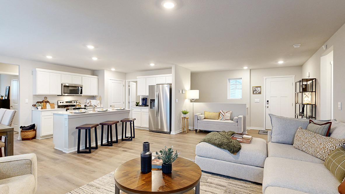Overview of the living room and kitchen in the Reagan