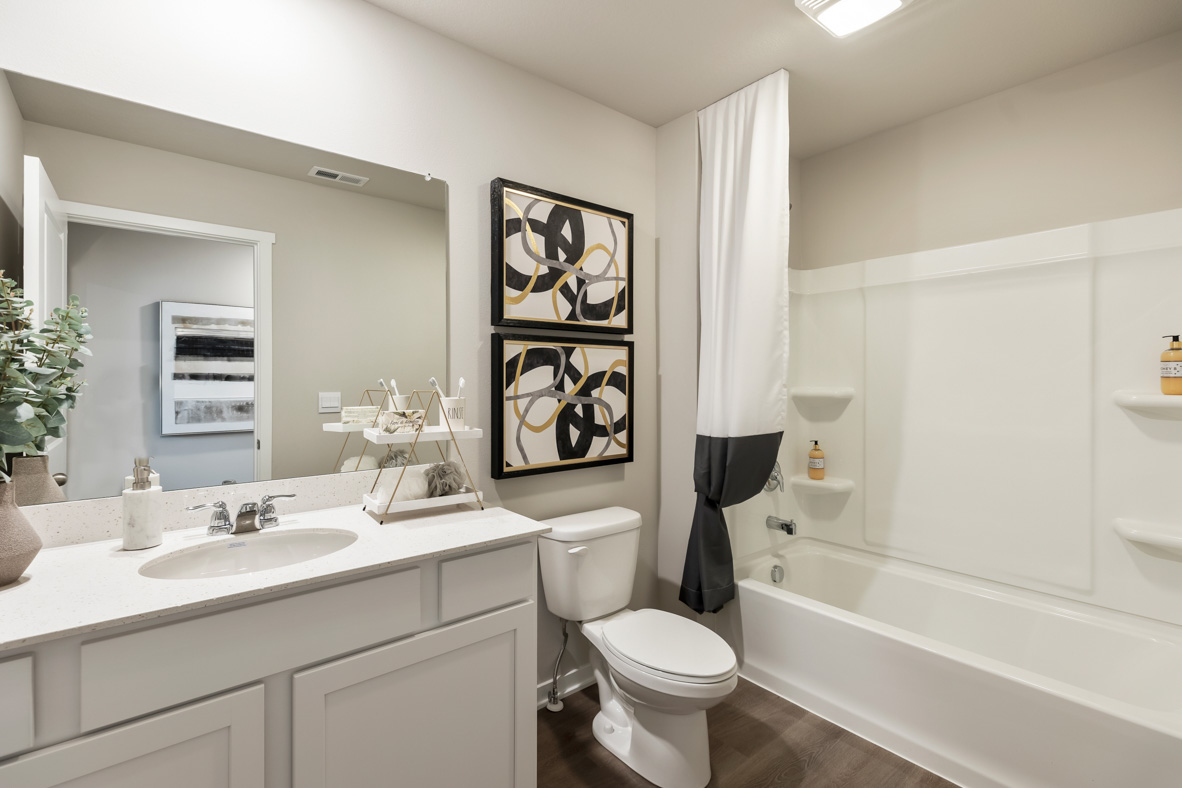 secondary bathroom with large mirror and bathtub