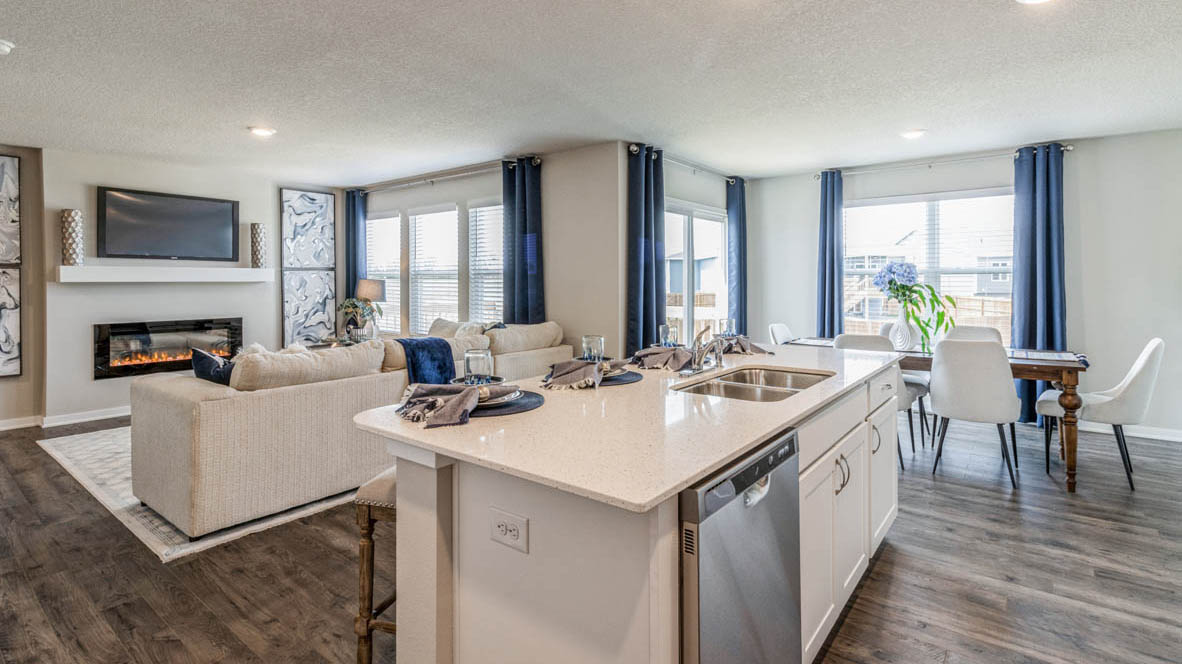 Living room looking to kitchen, dining, outdoor areas in this new home features natural light, with fresh open concept flow