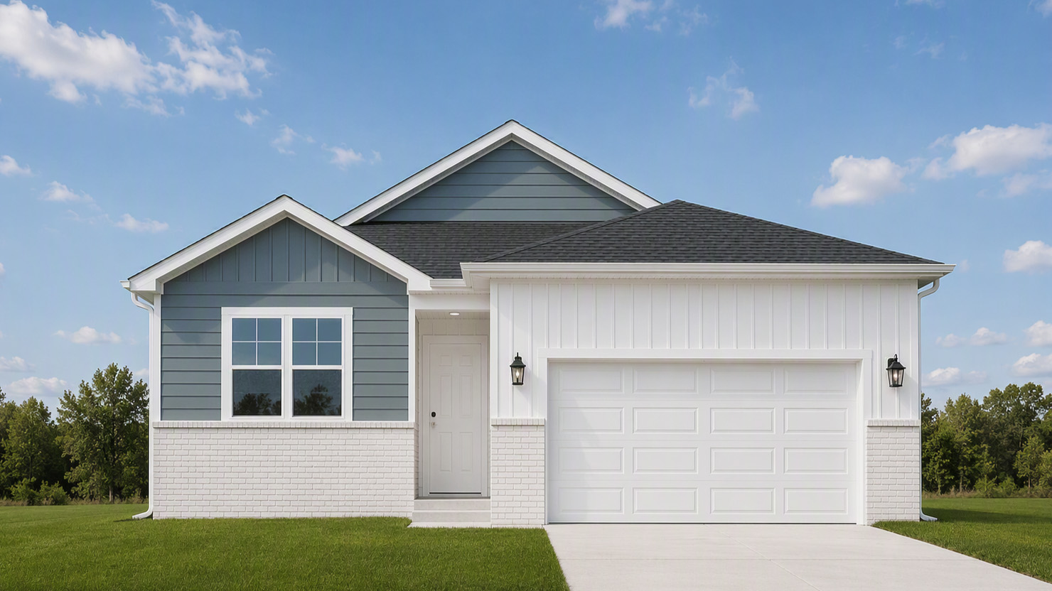 Exterior of Hamilton floorplan with white and blue siding, a two car garage and large picture window
