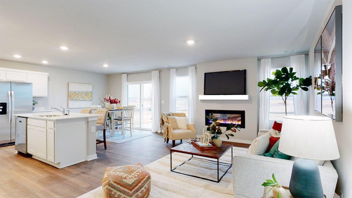 Open concept living room kitchen and dining room of the Hamilton