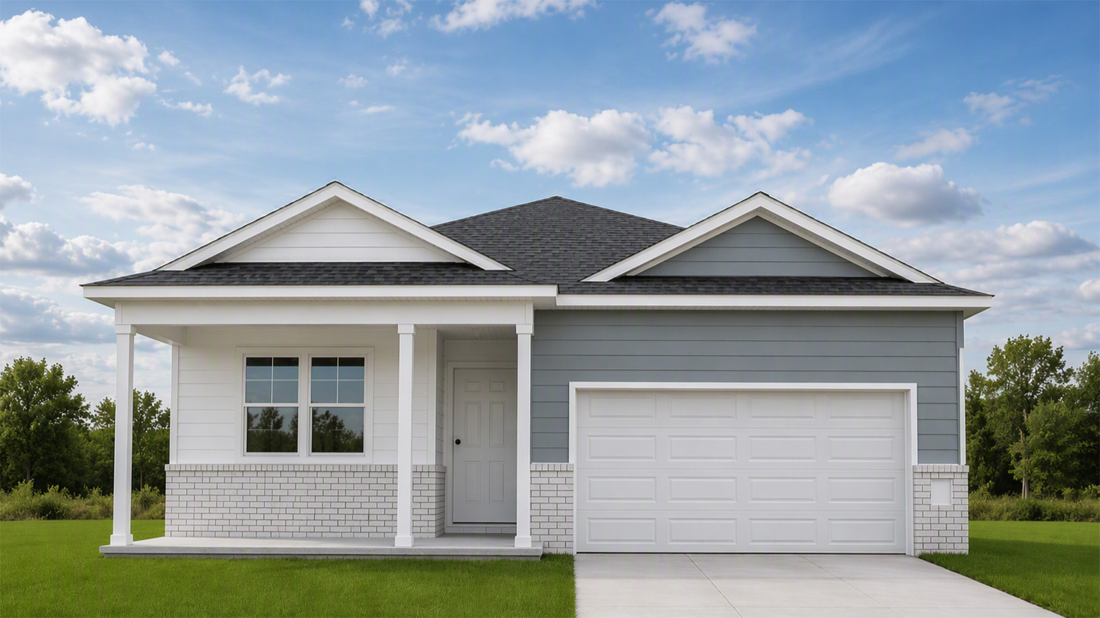 Exterior of the Hamilton Villa with a covered front porch and two car garage