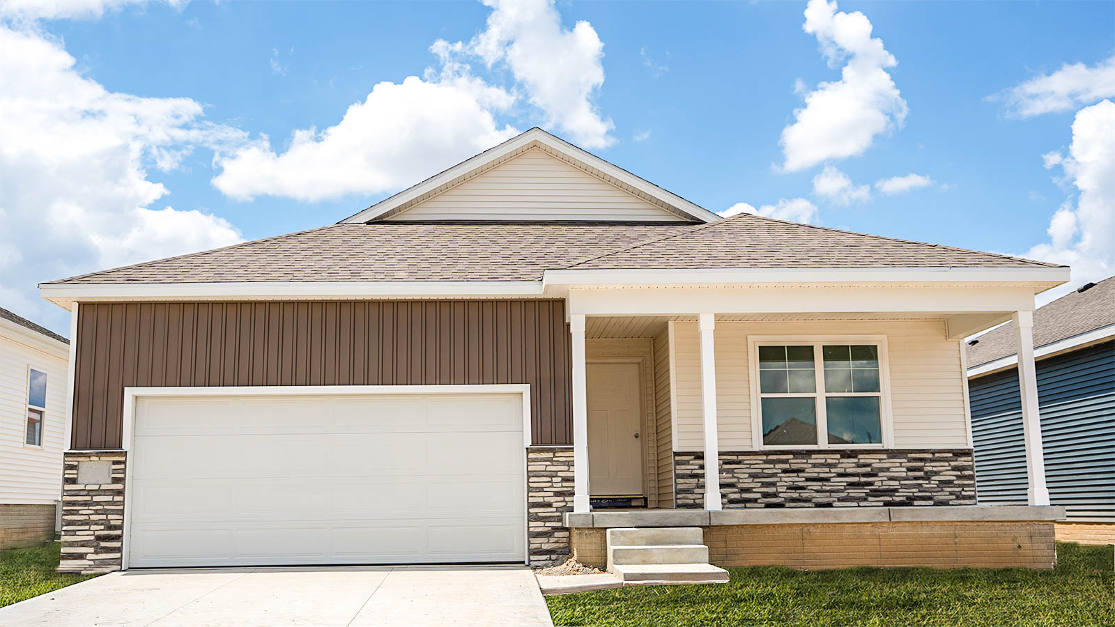 Exterior of Hamilton, 2 car garage, covered front porch