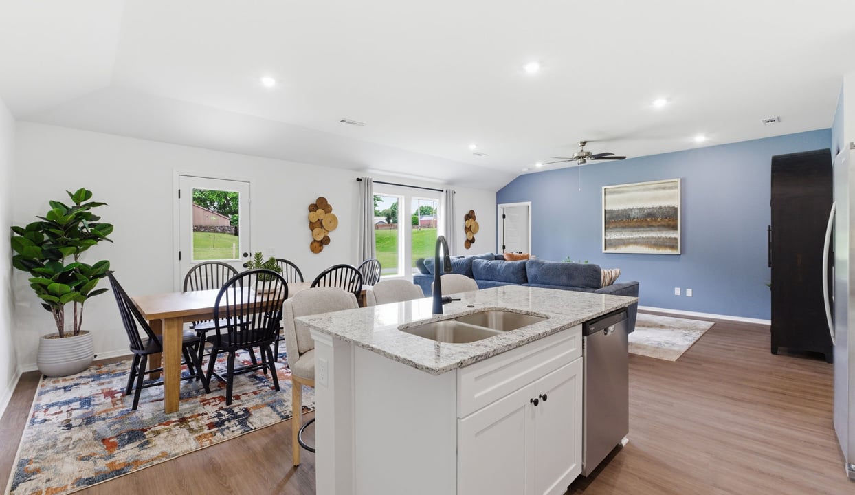 Kitchen, Dining, and Living