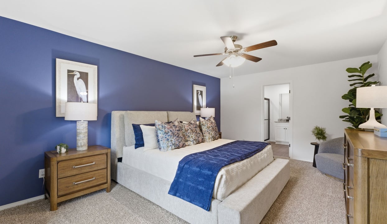 Primary bedroom with a blue feature wall