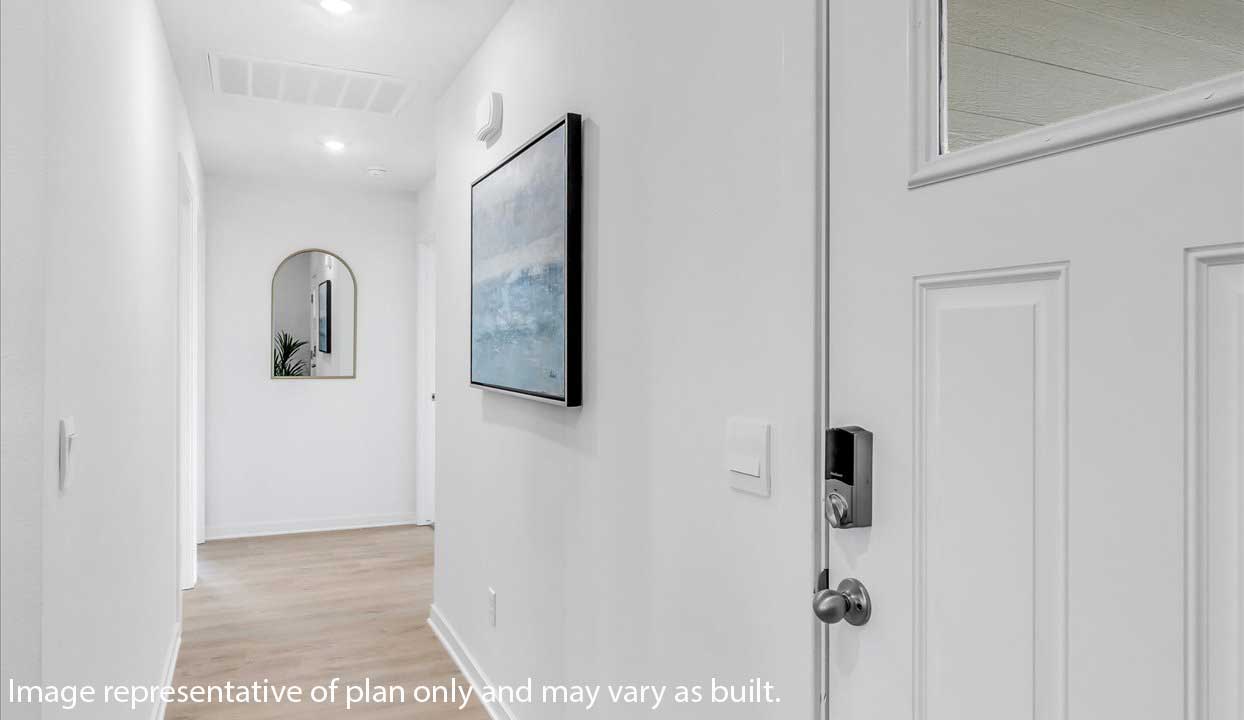 Bright entryway with wood floors, a rustic console, wall-mounted TV, and potted plant by a modern white door.