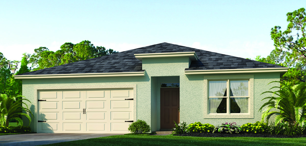 Single story new home with large windows and 2 car garage.
