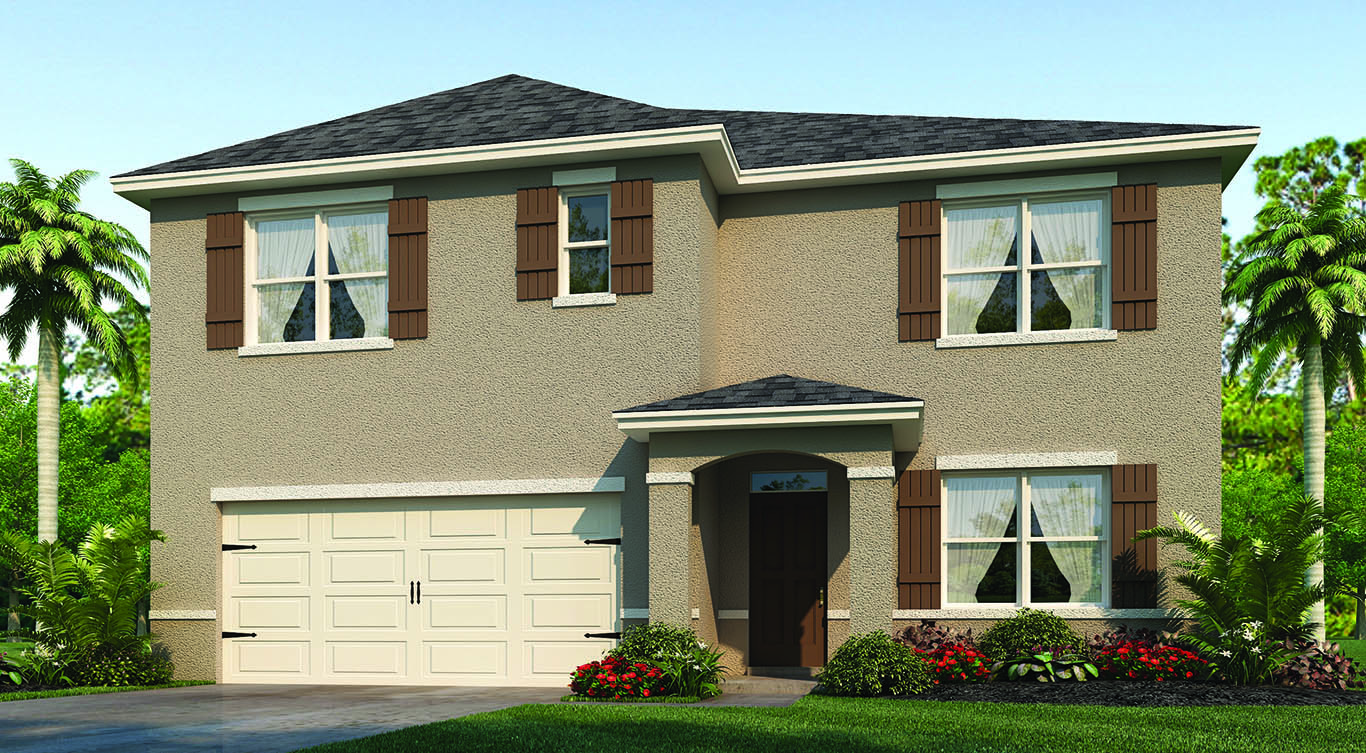 Two-story new home with driveway, large windows, and grassy front yard.
