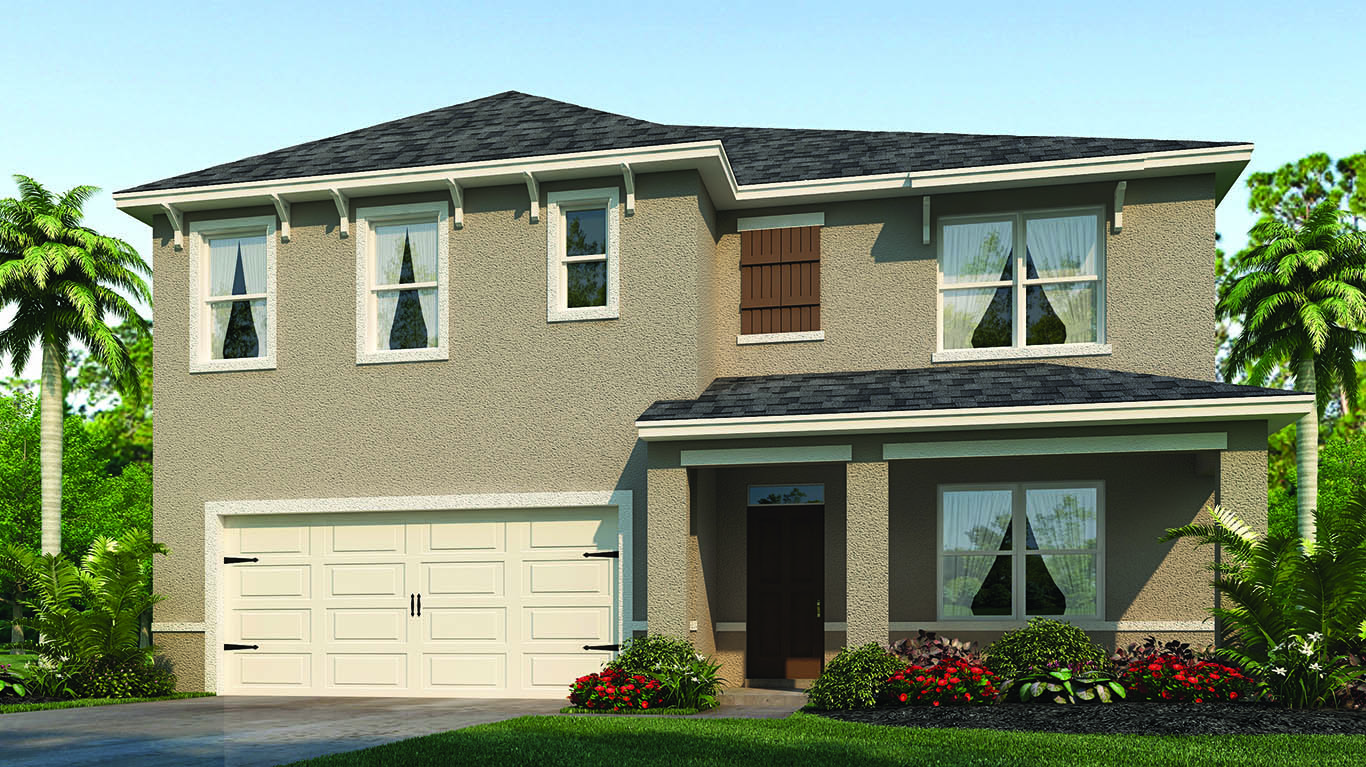 Two-story new home with driveway, large windows, and grassy front yard.