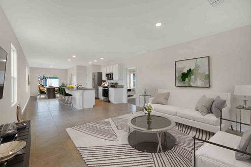 Open concept living area with couch seating overseeing kitchen.