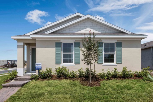 Single story new home with siding, covered porch.