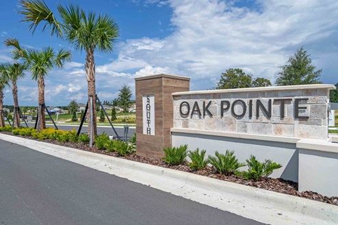 Oak Pointe monument at entrance of community with palm trees.