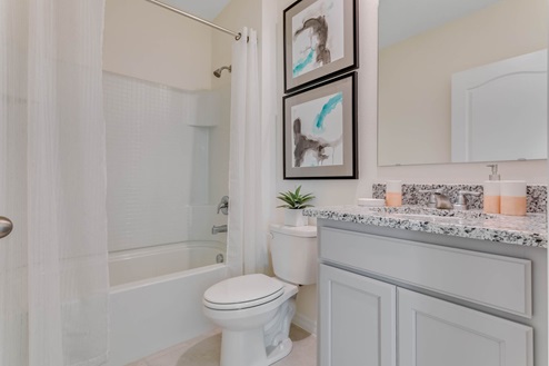 Modern guest bathroom with single vanit, large wall mirror, cabinets and granite countertop with toilet and shower.