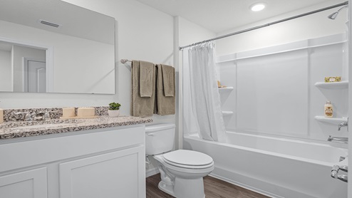 Modern bathroom with single vanity, toilet and shower.