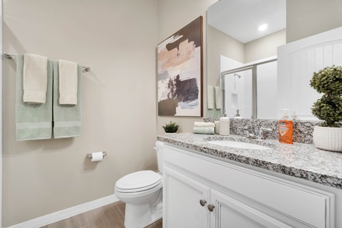 Modern bathroom with single vanity, large wall mirror, cabinets and granite countertops.