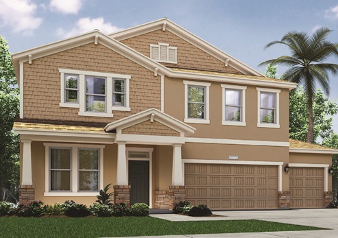 Two-story new home with driveway, large windows, and grassy front yard and 3-car garage