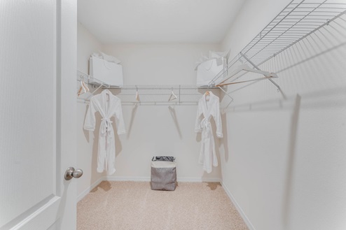 Spacious walk in closet with abundant shelving and storage.