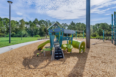 Kids outdoor playground with slide and swings.