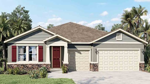 Single story new home with siding, covered porch and 3 car garage.