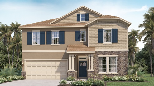 two-story new home with driveway, large windows, and grassy front yard and 2-car garage