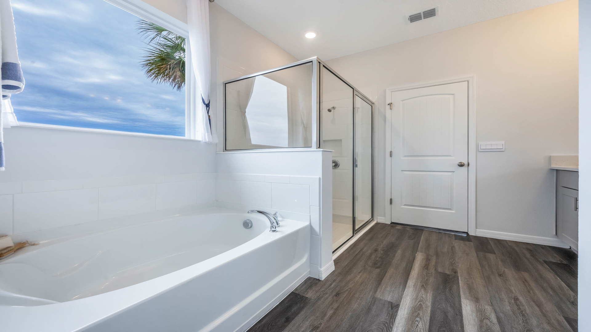 Walk-in shower adjacent to spacious bathtub.