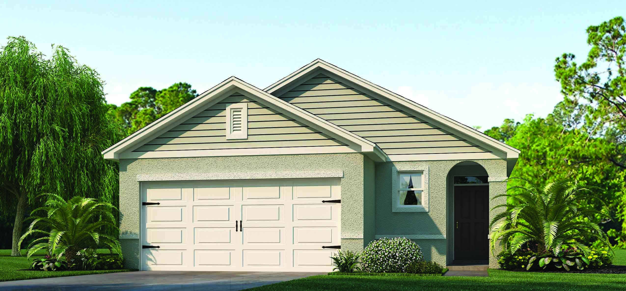 Single story new home with large windows and 2 car garage.