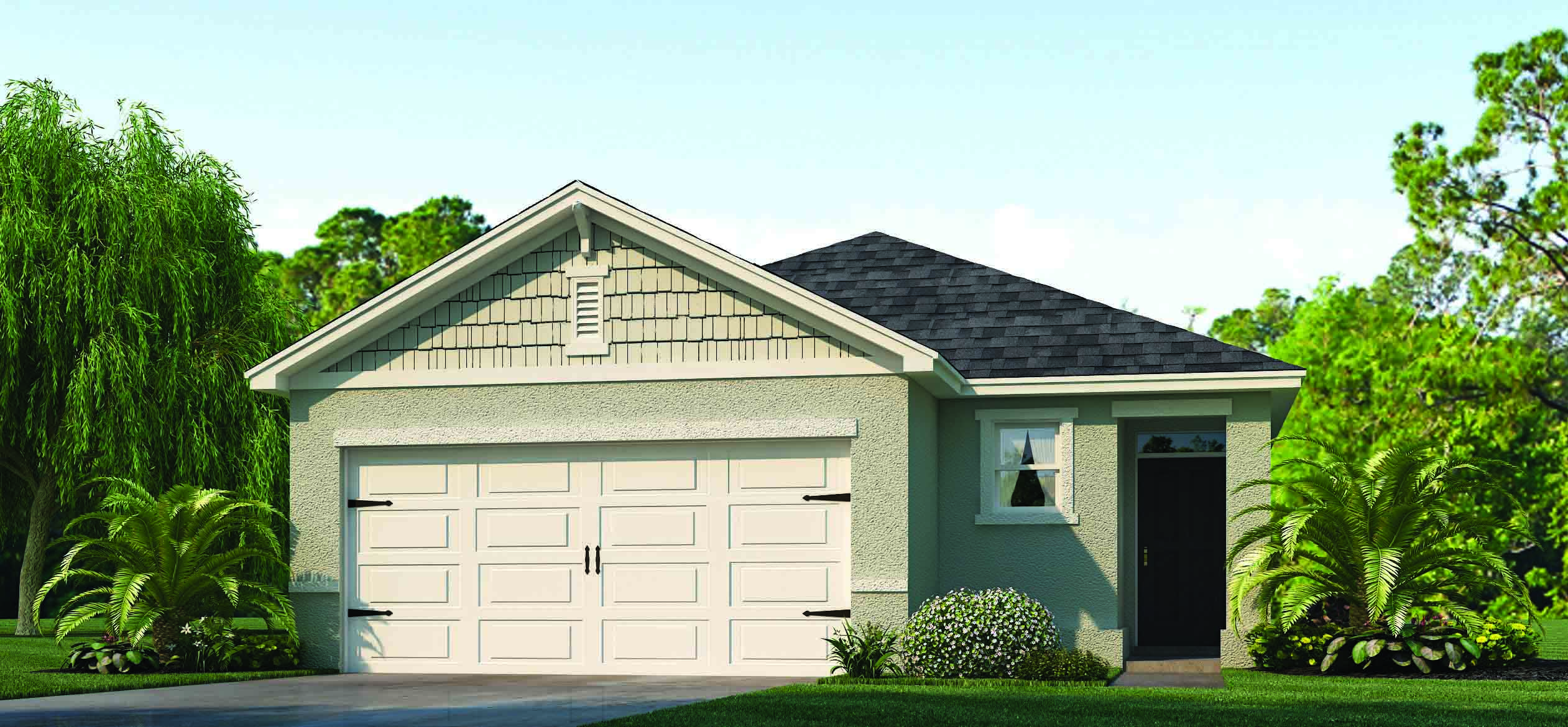 Single story new home with large windows and 2 car garage.