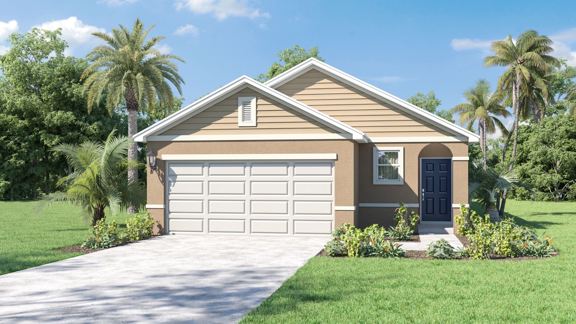 Single story new home with large windows and 2 car garage.